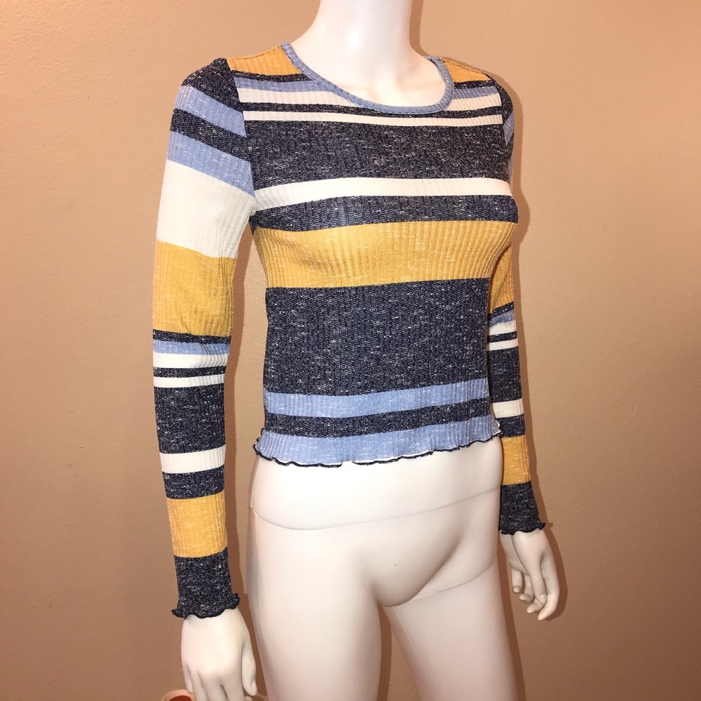 Almost Famous Striped Ribbed Top Size M Long Sleeve Blue Yellow School Casual